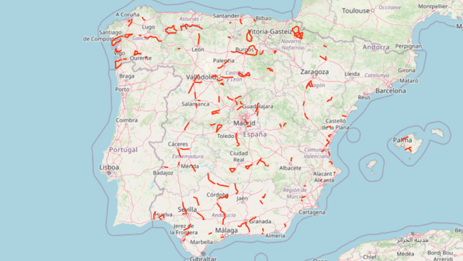 Este mapa refleja la ubicación de las rutas ciclistas seguras que hay en la geografía española.