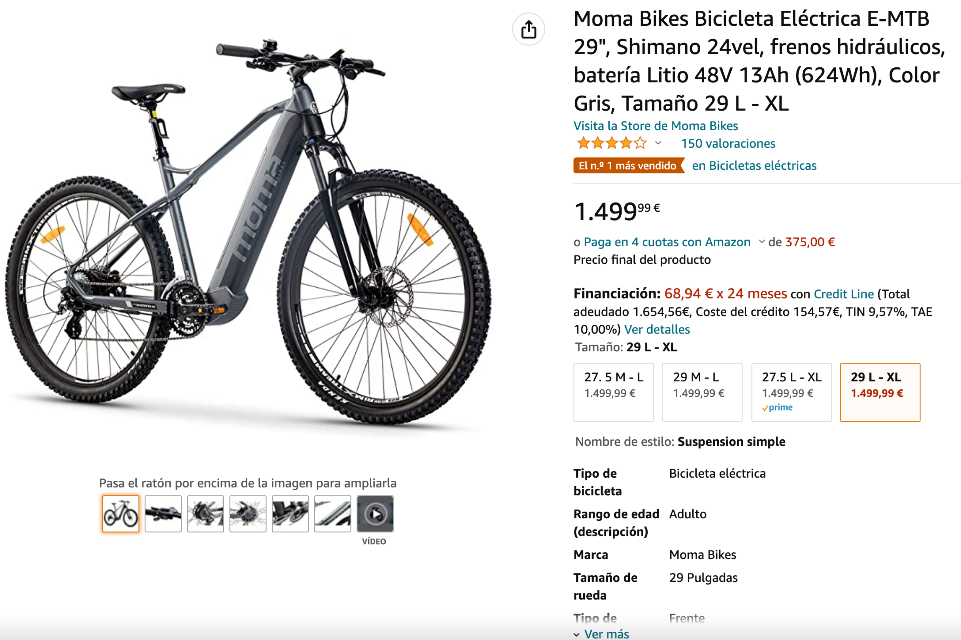 Moma Bikes E-MTB 29 Bicicleta de Montaña Eléctrica Talla M-L